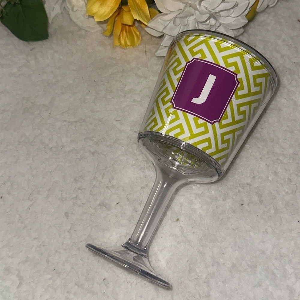 Paparte Monogram J Acrylic Wine‎ Glass Lime Green Greek Key Insulated Goblet